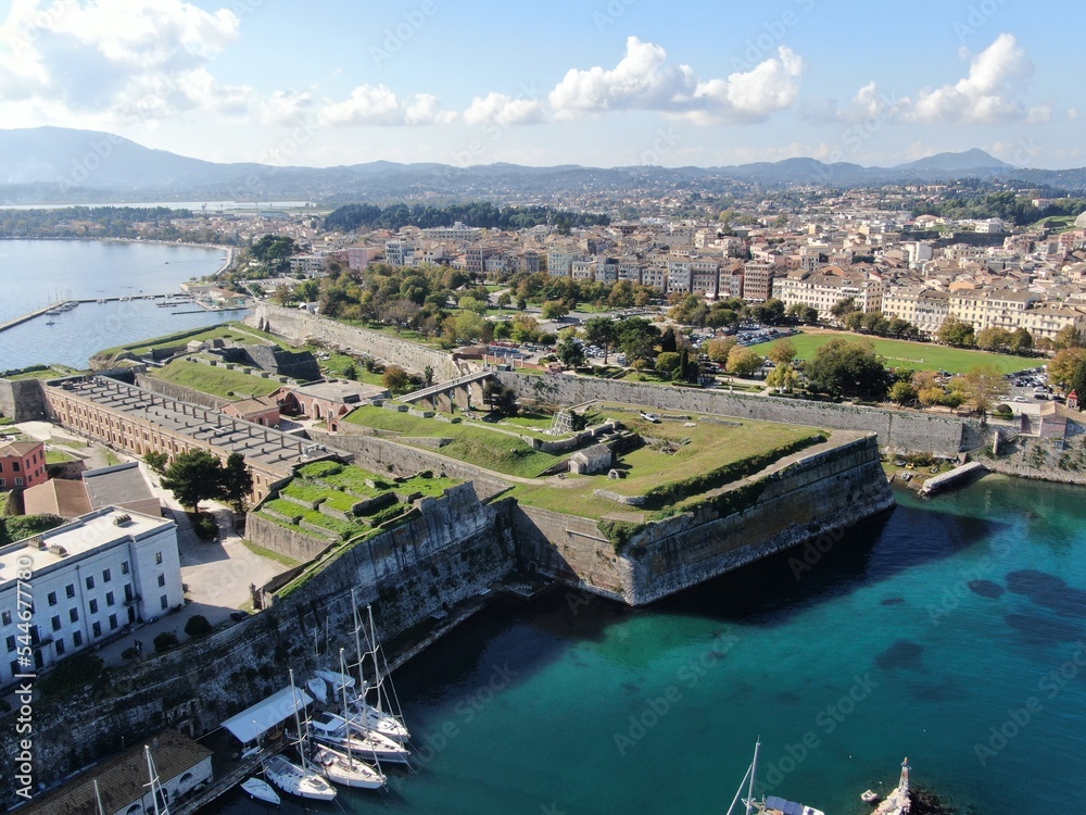 Aerial drone view of beautiful corfu town with Old Fortress  in greece