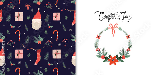 Christmas winter set with seamless pattern and greeting card, cute seasonal elements,background, wallpaper, gift paper, holidays surface design, doodle style © lilett