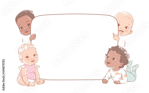 Group of multicultural baby boys and baby girls hold a blank poster. Cute little babieson on a white background show a blank poster for text entry. Banner. Vector illustration. Isolated