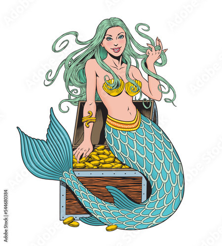 Mermaid posing over a treasure chest full of gold or money, under the sea, isolated on white background, vector illustration.