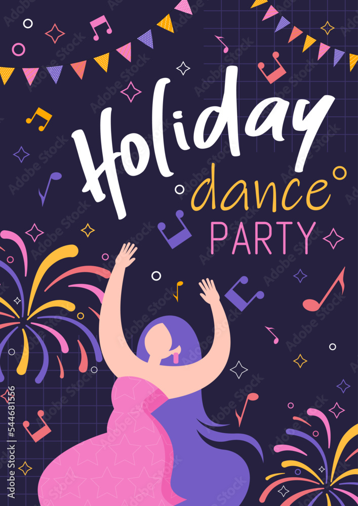 Poster, advertising. Vector, flat illustration. Dance party. The girls are dancing. Fun, decorations, confetti.