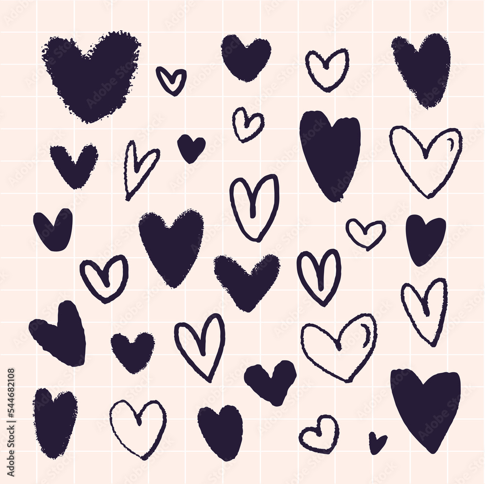 Vector hearts drawn by hand. Drawn in a checkered notebook. Vector hearts drawn by hand. Drawn in a checkered notebook.