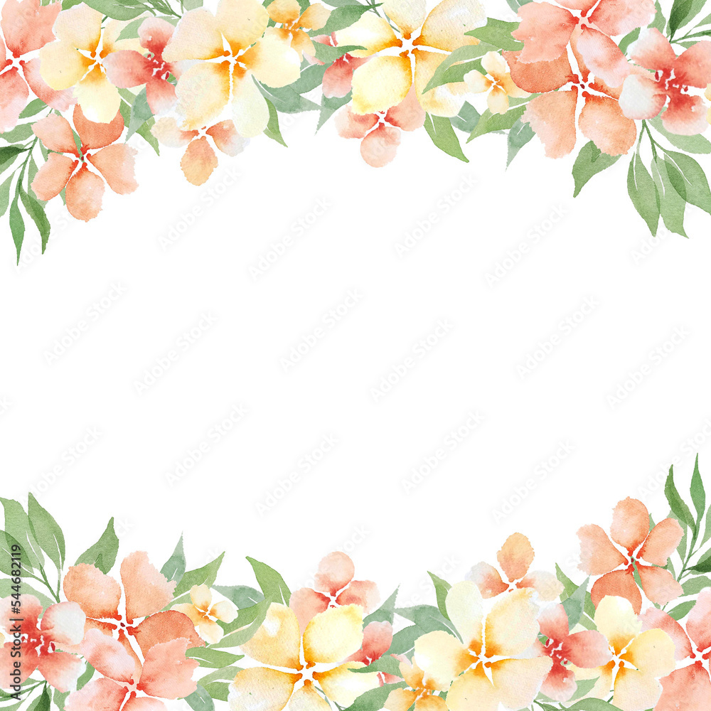 Watercolor pastel color flowers frame. Gentle design peach flowers templates for wedding design, invitation, postcards.