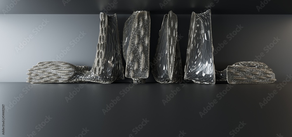 Luxury parametric abstract architectural minimalistic background. Contemporary showroom. Modern black exhibition tunnel. Empty gallery. Stand, table. Interior backlight. 3D illustration and rendering.