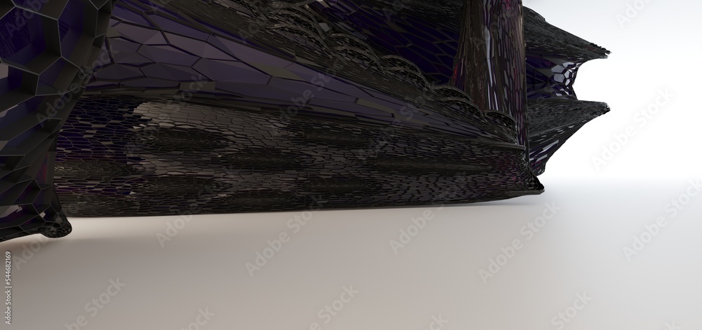 Luxury parametric abstract architectural minimalistic background. Contemporary showroom. Modern black exhibition tunnel. Empty gallery. Stand, table. Interior backlight. 3D illustration and rendering.