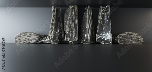 Obraz na płótnie Luxury parametric abstract architectural minimalistic background. Contemporary showroom. Modern black exhibition tunnel. Empty gallery. Stand, table. Interior backlight. 3D illustration and rendering. w salonie