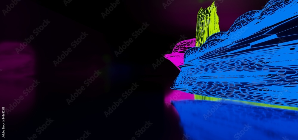 Abstract architectural minimalistic background. Laser show in the ultraviolet spectrum. Modern impulse tunnel. Futuristic space sci-fi frame neon backlight. 3D illustration and rendering.