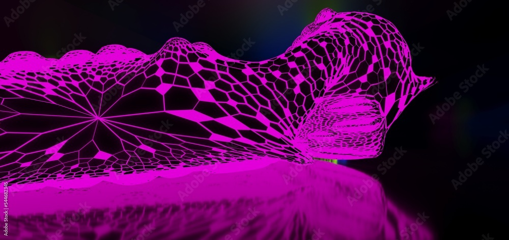 Abstract architectural minimalistic background. Laser show in the ultraviolet spectrum. Modern impulse tunnel. Futuristic space sci-fi frame neon backlight. 3D illustration and rendering.