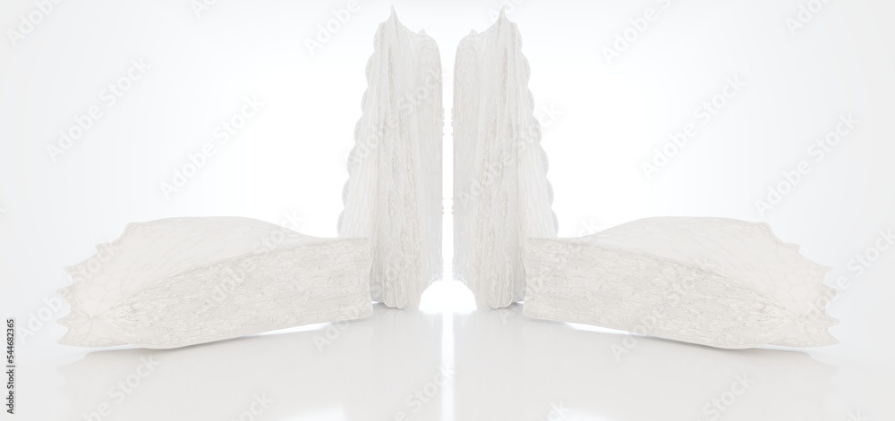 Luxury white abstract architectural minimalistic background. Contemporary showroom. Modern exhibition stand. Empty gallery. Backlight. Polygonal Graphic Design. 3D illustration and rendering.