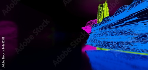 Obraz na płótnie Abstract architectural minimalistic background. Laser show in the ultraviolet spectrum. Modern impulse tunnel. Futuristic space sci-fi frame neon backlight. 3D illustration and rendering. w salonie