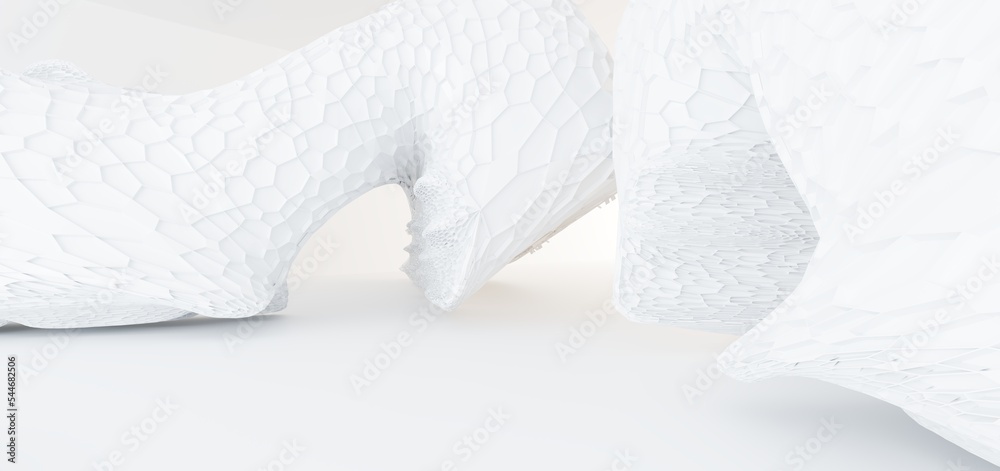 Luxury white abstract architectural minimalistic background. Contemporary showroom. Modern exhibition stand. Empty gallery. Backlight. Polygonal Graphic Design. 3D illustration and rendering.