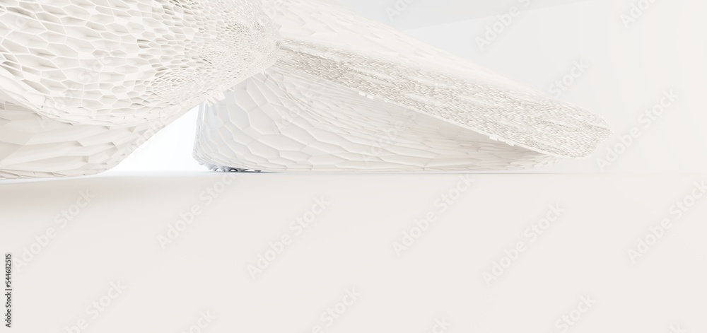 Luxury white abstract architectural minimalistic background. Contemporary showroom. Modern exhibition stand. Empty gallery. Backlight. Polygonal Graphic Design. 3D illustration and rendering.