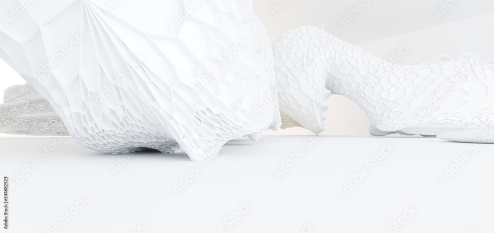 Luxury white abstract architectural minimalistic background. Contemporary showroom. Modern exhibition stand. Empty gallery. Backlight. Polygonal Graphic Design. 3D illustration and rendering.