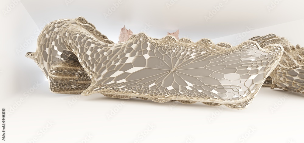 Luxury parametric abstract architectural minimalistic background. Contemporary showroom. Modern gold and colored glass exhibition tunnel. Empty gallery. Backlight. 3D illustration and rendering.