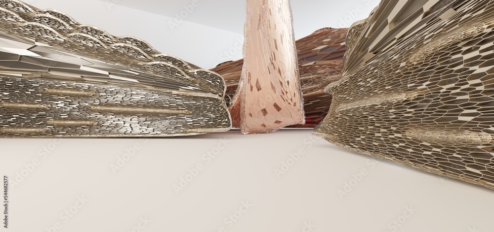 Luxury parametric abstract architectural minimalistic background. Contemporary showroom. Modern gold and colored glass exhibition tunnel. Empty gallery. Backlight. 3D illustration and rendering.