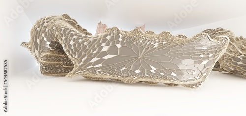Obraz na płótnie Luxury parametric abstract architectural minimalistic background. Contemporary showroom. Modern gold and colored glass exhibition tunnel. Empty gallery. Backlight. 3D illustration and rendering. w salonie