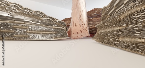 Obraz na płótnie Luxury parametric abstract architectural minimalistic background. Contemporary showroom. Modern gold and colored glass exhibition tunnel. Empty gallery. Backlight. 3D illustration and rendering. w salonie