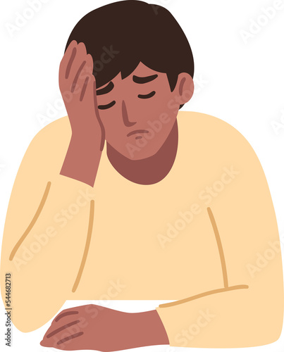 Man is having a headache. Boy feels anxiety and depression. Psychological health concept. Nervous, apathy, sadness, sorrow, unhappy, desperate, migraine. Flat illustration. (ID: 544682713)