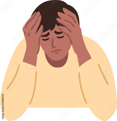 Man is having a headache. Boy feels anxiety and depression. Psychological health concept. Nervous, apathy, sadness, sorrow, unhappy, desperate, migraine. Flat illustration. (ID: 544682715)