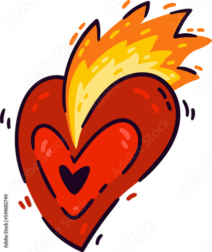 Burning heart with flame. Element for design saint valentine day, 14 February. Iillustration doodle style isolated on white background. Hand drawn colored trendy clip art. Symbol of passion love (ID: 544682744)