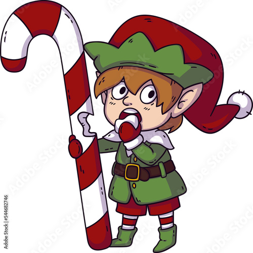 Santa’s little helper elf eats christmas candy. Cartoon illustration isolated on white background. Happy new year character. Little boy on costume pixie. (ID: 544682746)