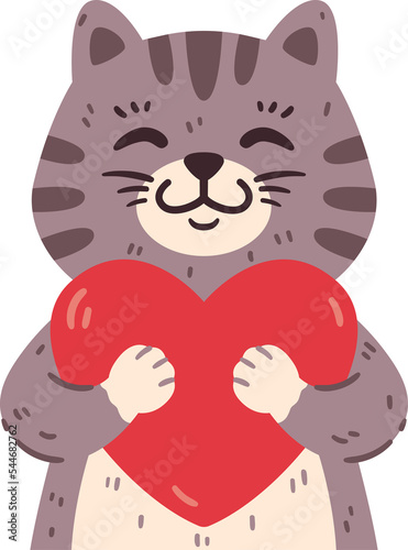 Cute cat holding heart. I meow you greeting card for saint valentine day, 14 February. Sweet domestic animal in love. Illustration isolated on white background. Poster, flyers, invitation. (ID: 544682762)