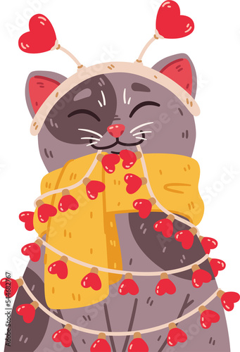 Cat with headband hearts, warm scarf, light bulbs garland. Saint valentine day 14 February greeting card. Cute illustration isolated on background. Romantic poster with domestic kitty. (ID: 544682767)