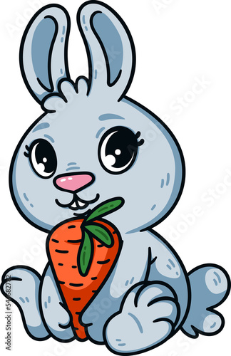 Cute little easter bunny with carrot. Rabbit the symbol of 2023 chinese new year. Hare with big eyes and vegetable. Farm animal illustration isolated white background. Domestic pet cartoon art. (ID: 544682782)
