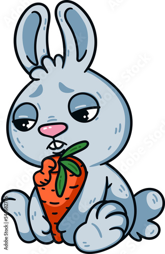 Sad little easter bunny with bitten carrot. Rabbit the symbol of 2023 lunar chinese new year. Hare with unhappy eyes and vegetable. Farm animal illustration isolated white background. (ID: 544682786)