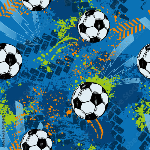Abstract seamless chaotic pattern with soccer ball and urban geometric elements. Grunge neon texture background for guys. Football sport