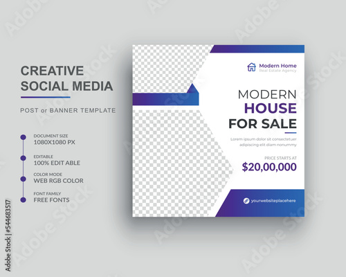 Real estate social media post banner design and home-for-sale design template.