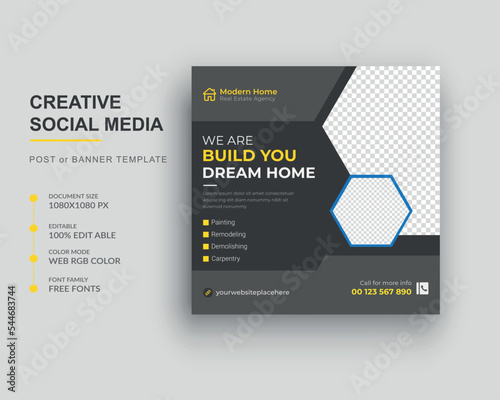 Construction renovation flyer social media post web banner Template
