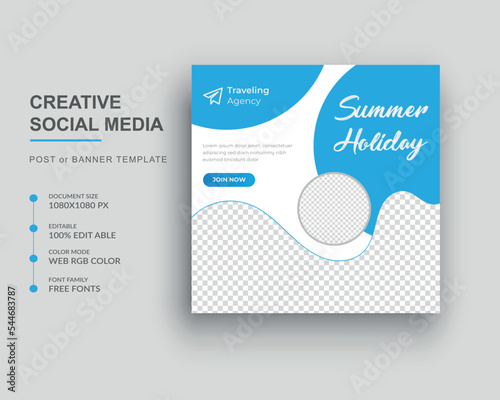 Travel holiday vacation tour social media post or Square web banner template