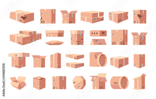 Damaged cardboard boxes. Crumpled carton delivery package, smashed torn parcel sealed wrinkled cargo flat style. Vector isolated set of carton crumpled box illustration