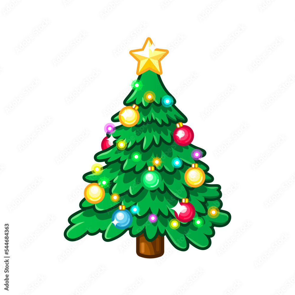 Chrtistmas evergreen tree emoji  with garland isolated on white background