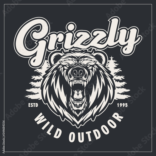 Outdoor logo with vintage black and white illustration and a head of grizzly bear