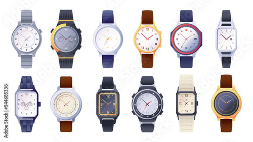 Wrist watch collection. Classic mechanical clock face with fashion bracelet flat style, analog wristwatch smartwatch male female accessory. Vector set of mechanical wrist clock illustration