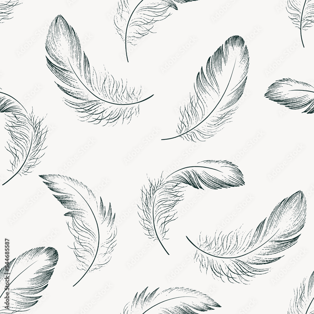 Seamless pattern of delicate feathers drawn in black ink. Texture brush and paint. Vector illustration Seamless pattern of delicate feathers drawn in black ink. Texture brush and paint. Vector illustration