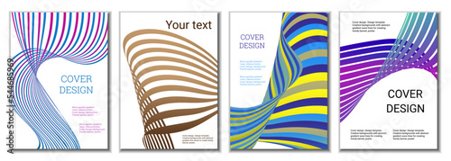 A set of 4 abstract covers. Wavy parallel gradient lines, ribbons evolve. Cover design, background. Trendy banner, poster.