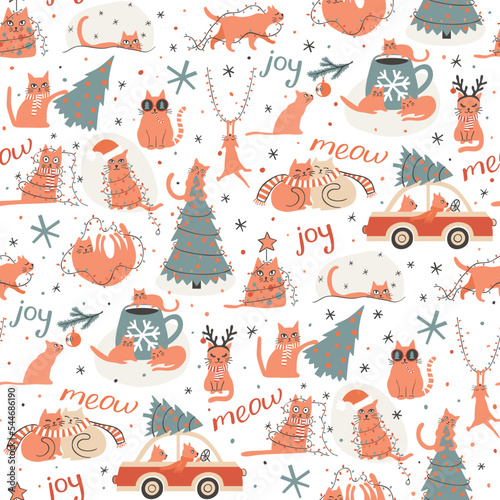 Seamless Christmas pattern with ginger cats 