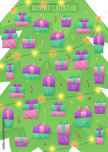 Advent calendar, green Christmas tree with lights, garland and pink, purple Christmas gifts with ornament and numbers. Merry Christmas poster. Holiday design, decor. Vector illustration.