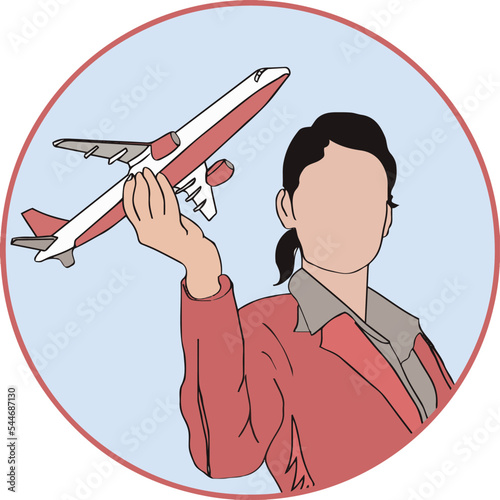 Aviation hospitality and travel logo, air hostess holding plane, vector and illustration of aviation academy, air crew clip art and symbol 