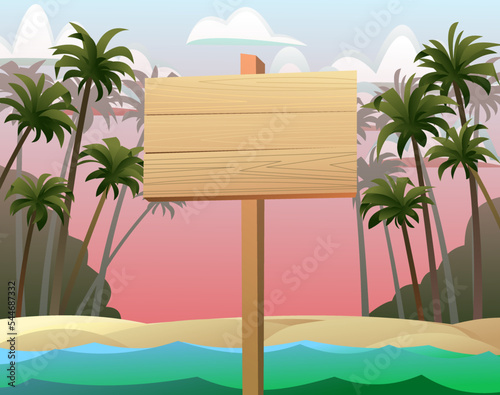 Wooden plaque on beach in sea water with waves. Board wooden shield for inscription. Rainforest with palm trees. Sign with place for text. Cartoon fun style. Flat design. Vector.