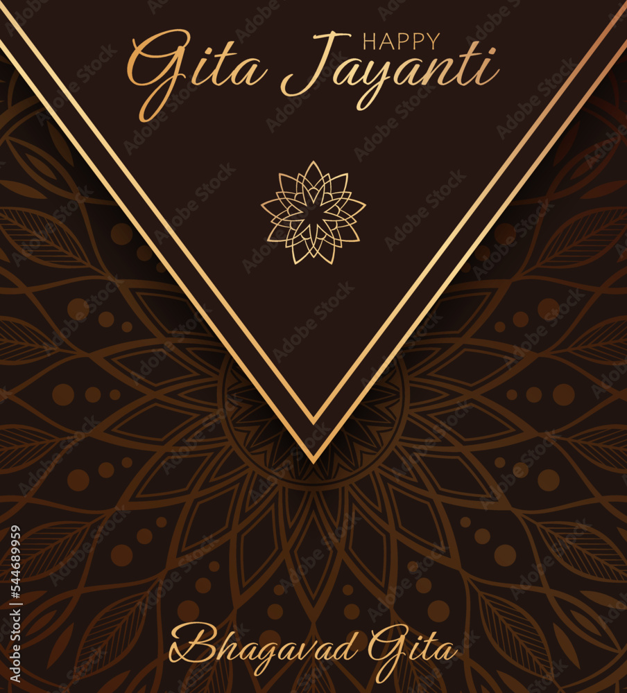 Stylish greeting design for Indian holiday Gita Jayanti. Luxuty card with golden text and floral mandala.