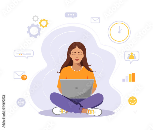 Woman is sitting with laptop. Concept illustration for working, freelancing, studying, education, work at home. Vector illustration.