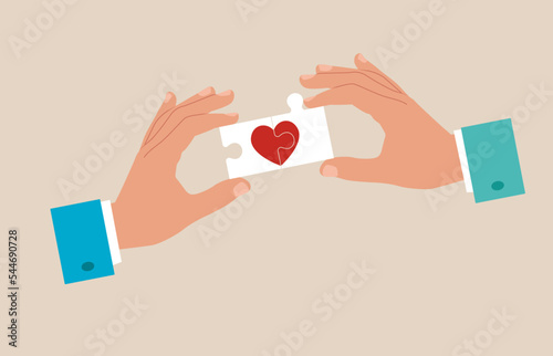 Man and a woman online connect pieces of a puzzle with a picture of a heart. Compatibility between man and woman. Flat vector illustration.