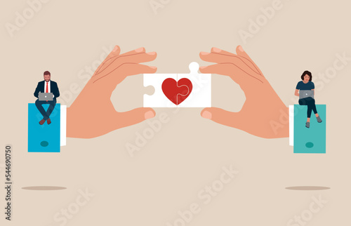 Man and a woman online connect pieces of a puzzle with a picture of a heart. Compatibility between man and woman. Flat vector illustration.