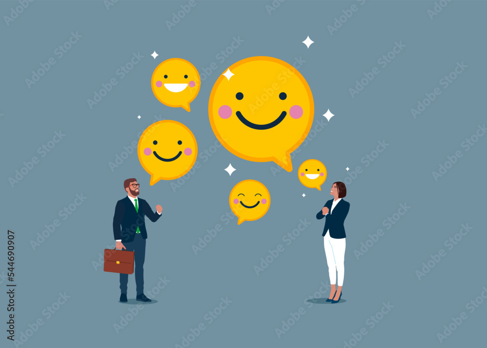 Happy businessman and woman holding smiling face symbol. Work motivation. Employee happiness, job satisfaction, company benefit, positive attitude. Happy businessman and woman holding smiling face symbol. Work motivation. Employee happiness, job satisfaction, company benefit, positive attitude.