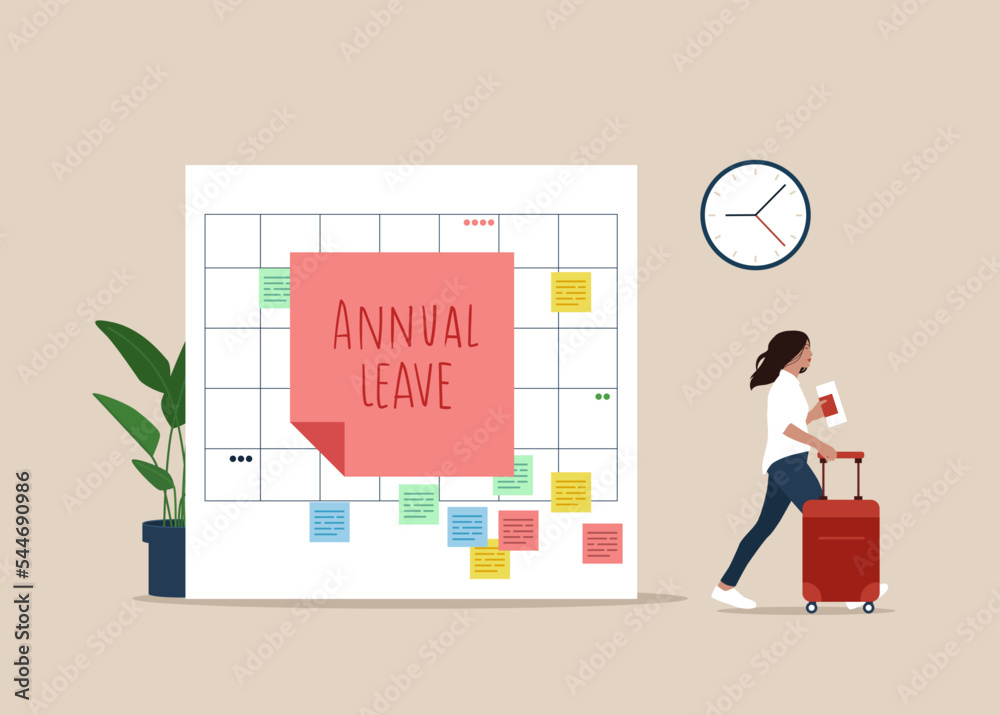 Happy girl running with luggage from calendar with annual leave note. Annual leave or day off to