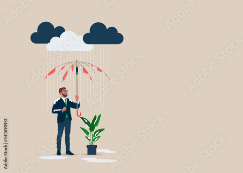 Frustrated  businessman with broken useless umbrella in the rain. Disappointment, mistake or difficulty, problems. Flat vector illustration. 